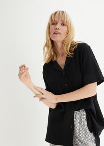 Hemdbluse bonprix, Damen, Gr. 54, schwarz, Web, Obermaterial: 100% Baumwolle, oversize, Blusen Hemdbluse, weite Passform, mit halbarm, aus Baumwolle, verl&auml;ngerter R&uuml;ckensaum