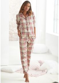 H.I.S. Pyjama H.I.S, Damen, Gr. 38, beige (creme, kariert), Flanell, Obermaterial: 100% Baumwolle, gemustert, kariert, Basic normal, V-Ausschnitt, Manschette kontrastfarben, Homewear-Sets Pyjama, aus Flanell mit Allover-Karomuster