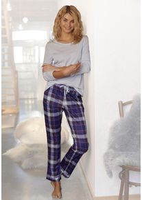 H.I.S. Pyjama H.I.S, Damen, Gr. 46, blau (hellblau, blau, kariert), Single Jersey, Obermaterial: 100% Baumwolle, Basic lang, Rundhals, Homewear-Sets Pyjama, mit karierter Schlafhose
