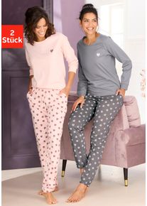 Pyjama Vivance Dreams, Damen, Gr. 44/46, taupe, rosa, Single Jersey, Obermaterial: 100% Baumwolle, gemustert, Basic lang, Rundhals, Homewear-Sets Pyjama, mit s&uuml;&szlig;em Herzmuster, Topseller