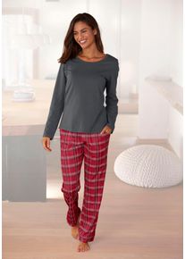 H.I.S. Pyjama H.I.S, Damen, Gr. 46, orange (braun, rot, kariert), Single Jersey, Obermaterial: 100% Baumwolle, Basic lang, Rundhals, Homewear-Sets Pyjama, mit karierter Schlafhose