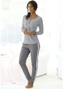 Pyjama s.Oliver, Damen, Gr. 36/38, grau (grau, meliert, ecru, gestreift), Jersey, Obermaterial: 95% Baumwolle, 5% Elasthan, gestreift, meliert, Basic, slim fit lang, Rundhals, eingesetzt B&uuml;ndchen, Homewear-Sets Pyjama, mit seitlichen Streifen am Bein, Topseller