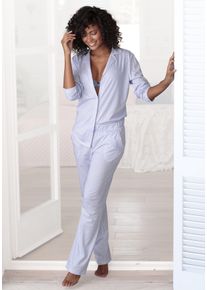 Pyjama Vivance Dreams, Damen, Gr. 44/46, blau (blau, wei&szlig;), Single Jersey, Obermaterial: 100% Baumwolle, gestreift, klassisch lang, V-Ausschnitt, eingesetzt, Homewear-Sets Pyjama, mit feinem Karo-Muster, Topseller
