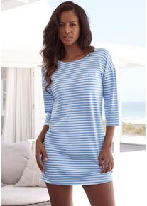 H.I.S. Nachthemd H.I.S, Damen, Gr. 56/58, N-Gr, blau, Single Jersey, Obermaterial: 95% Baumwolle, 5% Elasthan, bestickt, gestreift, Basic, loose fit mini, Rundhals, Kleider Nachthemd, mit Logostickerei auf der Brust, Topseller