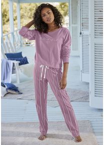 Pyjama Vivance Dreams, Damen, Gr. 44/46, rot (mauve gestreift), Single Jersey, Obermaterial: 100% Baumwolle, Basic, bequem lang, Rundhals, Homewear-Sets Pyjama, mit Frontdruck
