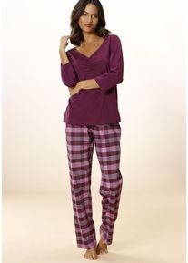 Pyjama Vivance Dreams, Damen, Gr. 56/58, rot (bordeaux), Single Jersey, Obermaterial: 100% Baumwolle, kariert, Basic, lang, V-Ausschnitt, eingesetzt, Homewear-Sets Pyjama, mit karierter Hose