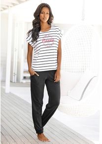 Pyjama Buffalo, Damen, Gr. 52/54, beige (ecru, gestreift, schwarz), Single Jersey, Obermaterial: 100% Baumwolle, unifarben mit Farbeinsatz, oversize lang, Rundhals, angeschnitten Aufschlag, Homewear-Sets Pyjama, im Streifenlook mit farbigem Frontprint, Topseller