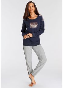 Pyjama Vivance Dreams, Damen, Gr. 44/46, blau (dunkelblau, graumeliert), Single Jersey, Obermaterial: 100% Baumwolle, Basic lang, Rundhals, Homewear-Sets Pyjama, mit kontrastfarbenen Tape Details