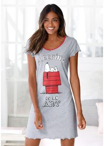 Nachthemd PEANUTS, Damen, Gr. 40/42, N-Gr, grau (grau, meliert), Single Jersey, Obermaterial: 100% Baumwolle, bedruckt, Basic kurz, Rundhals, eingesetzt Babylock, Kleider Nachthemd, mit Snoopy-Print und kleiner Schleife, Topseller