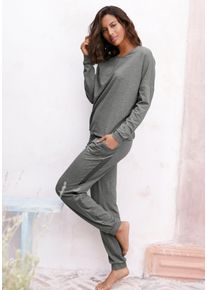 Pyjama Vivance Dreams, Damen, Gr. 36/38, grau (anthrazit melange), Single Jersey, Obermaterial: 60% Polyester, 36% Viskose, 4% Elasthan, meliert, unifarben, Basic, Basic bodenlang, Homewear-Sets Pyjama, mit aufgesetzten Seitenstreifen