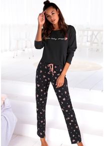 Pyjama Vivance Dreams, Damen, Gr. 44/46, schwarz, Single Jersey, Obermaterial: 100% Baumwolle, gemustert, Basic, Rundhals, Homewear-Sets Pyjama, mit Herzmuster, Topseller