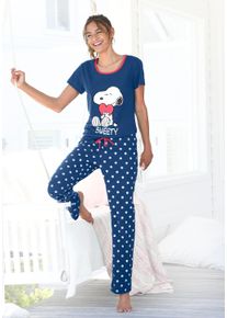 Pyjama PEANUTS, Damen, Gr. 44/46, blau (blau, gepunktet), Single Jersey, Obermaterial: 100% Baumwolle, bedruckt, gepunktet, Basic, bequem lang, Rundhals, eingesetzt, Homewear-Sets Pyjama, mit Snoopy-Druck und P&uuml;nktchen-Hose, Topseller