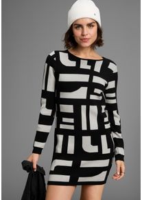 Boysen's Strickkleid BOYSEN'S, Damen, Gr. 44, N-Gr, schwarz-wei&szlig; (schwarz, wei&szlig;), Strick, Obermaterial: 50% Viskose, 26% Polyamid, 24% Polyester, gemustert, gepflegt, kontrastfarbene Details, figurbetont mini, Rundhals, Strickkante, Kleider Strickkleid, aus modischem Jacquardstrick mit Rundhalsausschnitt