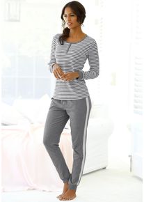 Pyjama s.Oliver, Damen, Gr. 56/58, grau (grau, meliert, ecru, gestreift), Jersey, Obermaterial: 95% Baumwolle, 5% Elasthan, gestreift, meliert, Basic, slim fit lang, Rundhals, eingesetzt B&uuml;ndchen, Homewear-Sets Pyjama, mit seitlichen Streifen am Bein, Topseller