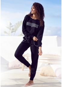 Pyjama Kangaroos, Damen, Gr. 44/46, schwarz, Single Jersey, Obermaterial: 100% Baumwolle, bedruckt, Basic, bequem lang, Rundhals, Rippb&uuml;ndchen, Homewear-Sets Pyjama, mit Slogan-Frontdruck