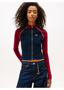Strickjacke Tommy Jeans "TJW COLORBLOCK ZIP THRU CARDIGAN", Damen, Gr. XS (34), schwarz night navy, Strick, Obermaterial: 90% Polyester, 9% Polyamid, 1% Elasthan, Strickjacken Strickjacke