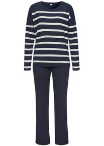 Pyjama s.Oliver, Damen, Gr. 32/34, blau (dunkelblau, wei&szlig;, gestreift), Single Jersey, Obermaterial: 60% Baumwolle, 40% Polyester, gestreift, unifarben, bequem lang, Rundhals, Homewear-Sets Pyjama, mit garngef&auml;rbten Streifen im Oberteil