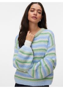 V&eacute;ro Moda Strickpullover VERO MODA "VMMAYBE STRIPE LS O-NECK PULLOVER NOOS", Damen, Gr. S, fog gr&uuml;n stripes:with misteltoe, cashmere blau, brunnera blau, birch, Strick, Obermaterial: 100% Polyester, geringelt, gestreift, loose fit normal, Rundhals, weit Strickb&uuml;ndchen, Pullover Strickpullover, Kunstfaser, loose fit