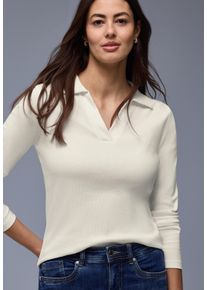 Langarm-Poloshirt Street One, Damen, Gr. 42, sanftes wei&szlig;, Jersey, Obermaterial: 96% Baumwolle, 4% Elasthan, unifarben, tailliert h&uuml;ftbedeckend, V-Ausschnitt, Shirts Langarm-Poloshirt, in Melange-Optik und mit Ripp-Struktur