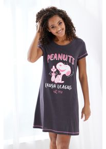 Nachthemd PEANUTS, Damen, Gr. 40/42, N-Gr, grau (dunkelgrau, pink gedruckt), Single Jersey, Obermaterial: 100% Baumwolle, bedruckt, unifarben, Basic kurz, Rundhals, eingesetzt abgesteppte Kante kontrastfarben, Kleider Nachthemd, mit Snoopy Druck