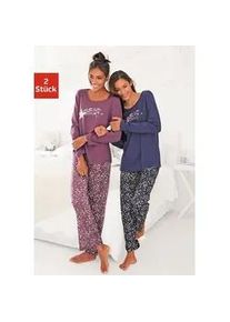 Pyjama Vivance DREAMS, Damen, Gr. 44/46, bunt (bordeaux, marine), Single Jersey, Obermaterial: 100% Baumwolle, gemustert, lang, Homewear-Sets Pyjama, mit Sternenprint