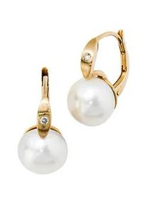Perlenohrringe Jobo, gelb (gelbgold 585), Ohrringe, Damen, SI = kleine Einschl&uuml;sse, Diamanten Gelbgold 585 Perlen, Diamanten, Gelbgold 585, Perlen, 585 Gold mit 2 Diamanten und S&uuml;&szlig;wasser-Zuchtperlen