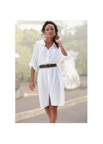 Longbluse Lascana, Damen, Gr. 44, wei&szlig;, Web, Obermaterial: 58% Viskose, 28% Baumwolle, 14% Leinen, unifarben, figurumspielend kniebedeckend, V-Ausschnitt, mit Riegel krempelbar, Blusen Longbluse, aus leichter Webware mit Leinenanteil, luftiges Blusenkleid, Topseller