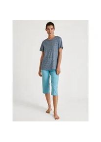 Capri-Pyjama Calida "Spring Nights", Damen, Gr. XS (36/38), blau (blau topaz), Single Jersey, Obermaterial: 100% Baumwolle, gemustert, unifarben, loose fit 3/4-L&auml;nge, Rundhals, Homewear-Sets, Rundhals, Kurzarm, Loose Fit, Pure Cotton, atmungsaktiv