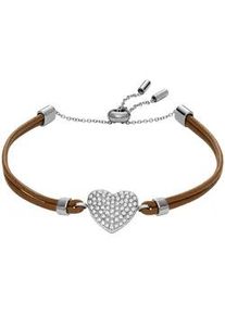 Armband Fossil "Schmuck Geschenk Edelstahl Leder Armschmuck SADIE Herz", braun (edelstahlfarben, braun), Armb&auml;nder, Damen, 21,6cm, Edelstahl Leder, Edelstahl, Leder, Armband