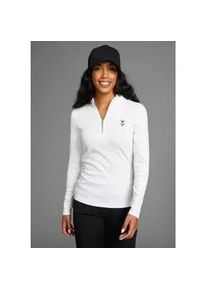 Langarmshirt DELMAO, Damen, Gr. 48/50 (XL), wei&szlig;, Rippware, Obermaterial: 100% Baumwolle, bedruckt, clean, unifarben, sehr figurbetont h&uuml;ftbedeckend, Rundhals, Shirts Langarmshirt, mit Troyer-Kragen