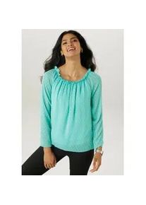 Schlupfbluse Aniston SELECTED, Damen, Gr. 38, blau (t&uuml;rkis), Chiffon, Obermaterial: 100% Polyester. Futter: 95% Viskose, 5% Elasthan, leicht transparent, l&auml;ssig geschnitten h&uuml;ftbedeckend, Carmenausschnitt, Raglan&auml;rmel, Blusen Schlupfbluse, mit weiten Ausschnitt und elastischen Gummi