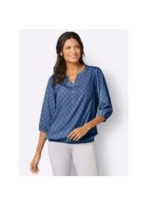 Schlupfbluse Classic Basics, Damen, Gr. 46, blau (jeansblau, ecru, bedruckt), 100% Polyester, gemustert, Rundhals, Blusen Schlupfbluse, Topseller