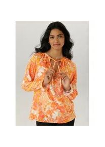 Schlupfbluse Aniston SELECTED, Damen, Gr. 46, orange (orange, hellorange, dunkelorange, sanftes wei&szlig;), Web, Obermaterial: 100% Viskose, bedruckt, gebl&uuml;mt, gemustert, figurumspielend h&uuml;ftbedeckend, V-Ausschnitt, Raglan&auml;rmel Volant, Blusen Schlupfbluse, mit Bindeb&auml;nder