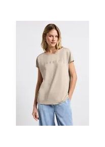 T-Shirt Street One, Damen, Gr. 36, beige (coastal beige), Jersey, Obermaterial: 70% Modal, 30% Polyester, bedruckt, unifarben, h&uuml;ftbedeckend, Rundhals, Shirts T-Shirt, mit Wording aus Schmucksteinen