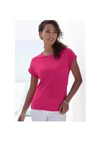 T-Shirt Vivance "mit modischer Struktur", Damen, Gr. 44/46, orange (koralle, creme), Strick, Obermaterial: 65% Polyester (REPREVE), 35% Baumwolle, Strukturmuster, unifarben, Basic, bequem, Rundhals, mit Aufschlag Aufschlag, Shirts T-Shirt, aus b&uuml;gelfreier Qualit&auml;t mit Baumwolle