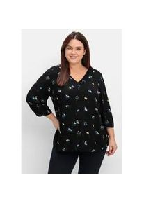 Longbluse sheego, Damen, Gr. 42, schwarz (schwarz, gemustert), 100% Viskose, gebl&uuml;mt, gemustert, mehrfarbig, V-Ausschnitt, Blusen Longbluse