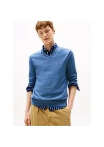 Strickpullover Tommy Hilfiger "ESSENTIAL COTTON V NECK mit V-Ausschnitt und Stickerei", Herren, Gr. L, petrol blau heather, Strick, Obermaterial: 100% Baumwolle, V-Ausschnitt, Rippb&uuml;ndchen, Pullover Strickpullover, unifarben, casual, regular fit, Baumwolle, V-Ausschnitt