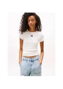 Tommy Hilfiger Kurzarmshirt TOMMY JEANS "TJW SLIM BADGE RIB TEE", Damen, Gr. L (40), wei&szlig; (ancient wei&szlig;), Single Jersey, Obermaterial: 95% Baumwolle, 5% Elasthan, unifarben, slim fit normal, Rundhals, abgesteppt, Shirts, mit gerippter Struktur