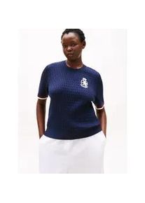 Strickpullover Tommy Hilfiger Curve "CRV CO CABLE FINE GG GPC SS SWT", Damen, Gr. 50, schwarz night navy gs tipping, Strick, Obermaterial: 100% Baumwolle, unifarben mit Farbeinsatz, Rundhals, B&uuml;ndchen, Pullover Strickpullover, in gro&szlig;en Gr&ouml;&szlig;en, mit Zopfmuster