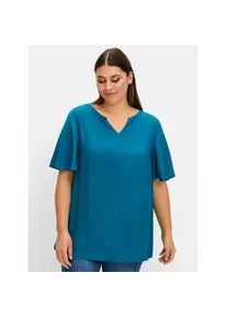 Longbluse sheego, Damen, Gr. 44, blau (dunkelpetrol), 100% Viskose, unifarben, Rundhals, Blusen Longbluse