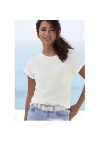 T-Shirt Vivance "mit modischer Struktur", Damen, Gr. 36/38, wei&szlig; (creme), Strick, Obermaterial: 65% Polyester (REPREVE), 35% Baumwolle, Strukturmuster, unifarben, Basic, bequem, Rundhals, mit Aufschlag Aufschlag, Shirts T-Shirt, aus b&uuml;gelfreier Qualit&auml;t mit Baumwolle