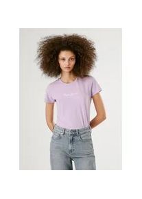 T-Shirt Pepe Jeans "NEW VIRGINIA", Damen, Gr. L, lila (419lila), Single Jersey, Obermaterial: 95% Baumwolle, 5% Elasthan, bedruckt, regular fit normal, Rundhals, abgesteppte Kante, Shirts T-Shirt, mit Markenprint
