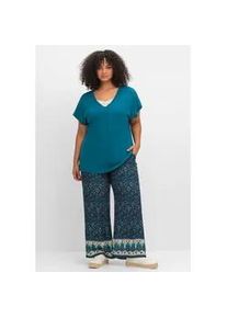 T-Shirt sheego "T-Shirt", Damen, Gr. 56/58, blau (dunkelpetrol), 100% Viskose, unifarben, V-Ausschnitt, Shirts T-Shirt