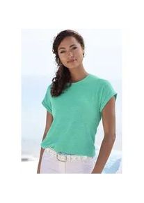 T-Shirt Vivance "mit modischer Struktur", Damen, Gr. 44/46, blau (t&uuml;rkis), Strick, Obermaterial: 65% Polyester (REPREVE), 35% Baumwolle, Strukturmuster, unifarben, Basic, bequem, Rundhals, mit Aufschlag Aufschlag, Shirts T-Shirt, aus b&uuml;gelfreier Qualit&auml;t mit Baumwolle