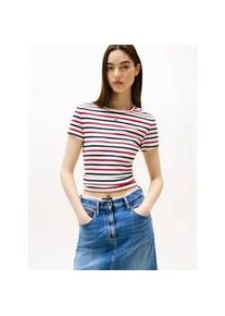 Tommy Hilfiger Kurzarmshirt TOMMY JEANS "TJW SLIM ESSENTIAL RIB SS EXT", Damen, Gr. L (40), wei&szlig; (wei&szlig;, rot, navy stripe), Single Jersey, Obermaterial: 95% Baumwolle, 5% Elasthan, gestreift, slim fit kurz, Rundhals, abgesteppt, Shirts, Baumwollmischung, slim fit, figurbetont, in gerippter Struktur