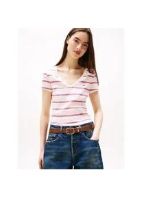 Tommy Hilfiger Kurzarmshirt TOMMY JEANS "TJW SLIM ESSENTIAL RIB V SS", Damen, Gr. XS (34), wei&szlig; (ancient wei&szlig;, cerise stripe), Single Jersey, Obermaterial: 95% Baumwolle, 5% Elasthan, gestreift, slim fit kurz, tiefer V-Ausschnitt, abgesteppt, Shirts, mit gerippter Struktur