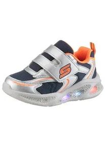 Sneaker Skechers "Skechers METEOR-LIGHTS", Damen, Gr. 26, bunt (silberfarben, orange), Lederimitat, Textil, kontrastfarbene Details, Schuhe Sneaker, Klettschuh mit Blinkfunktion, Gr&ouml;&szlig;enschablone zum Download
