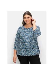 Longbluse sheego, Damen, Gr. 54, blau (tiefblau, gemustert), 100% Viskose, gebl&uuml;mt, gemustert, Rundhals, Blusen Longbluse