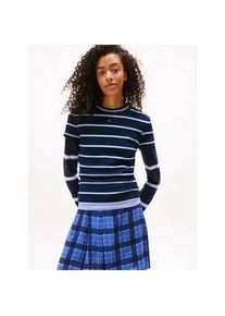 Tommy Hilfiger Kurzarmshirt TOMMY JEANS "TJW SLIM ESSENTIAL RIB SS EXT", Damen, Gr. XXL (44), blau (schwarz night navy, stripe), Single Jersey, Obermaterial: 95% Baumwolle, 5% Elasthan, gestreift, slim fit kurz, Rundhals, abgesteppt, Shirts, Baumwollmischung, slim fit, figurbetont, in gerippter Struktur