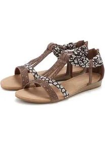 Sandale Lascana "Sommerschuh, Sandalette, offener Schuh", Damen, Gr. 35, braun, Obermaterial: 50% Lederimitat, 50% Textilmaterial. Decksohle: 100% Lederimitat. Futter: 100% Lederimitat. Laufsohle: 100% Synthetik, Glitzer, bedruckt, Basic, Schuhe Sandale, mit aufwendiger Verzierung VEGAN